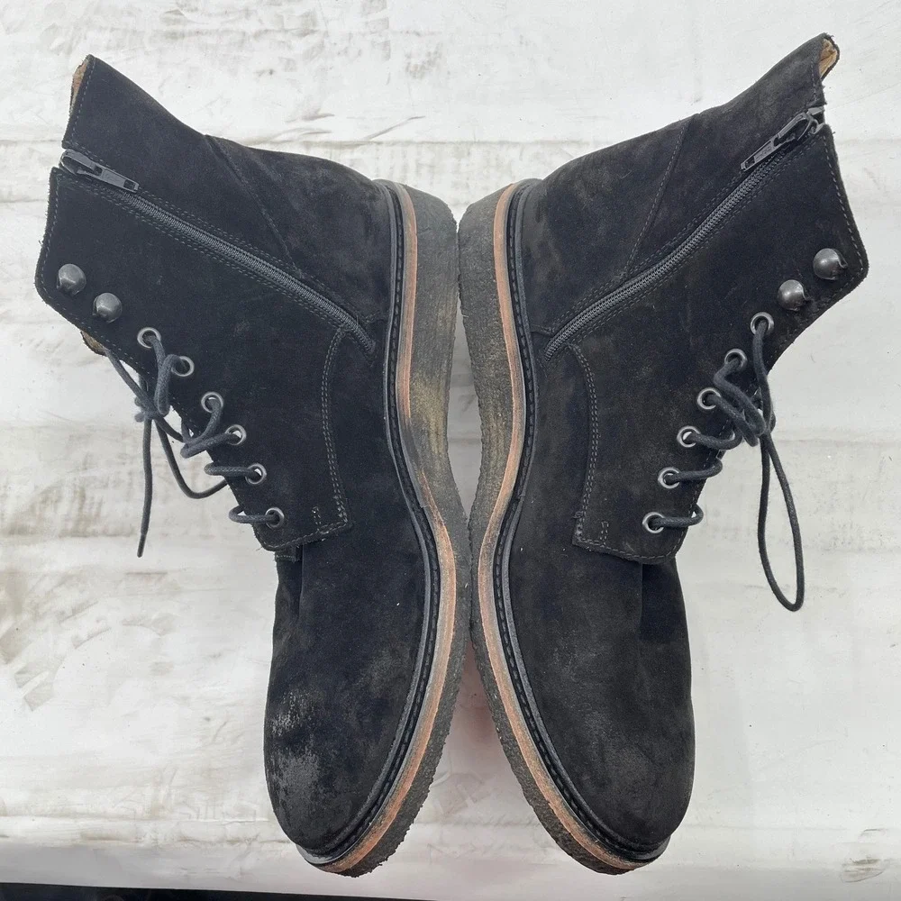 Barneys New York Men's Boots Side Zip Lace Up Black Suede Leather 10.5